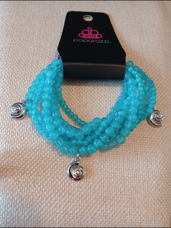 paparazzi Jewelry - paparazzi Aqua Blue Multi-Strand Beaded Bracelet with Silver Shell Charms